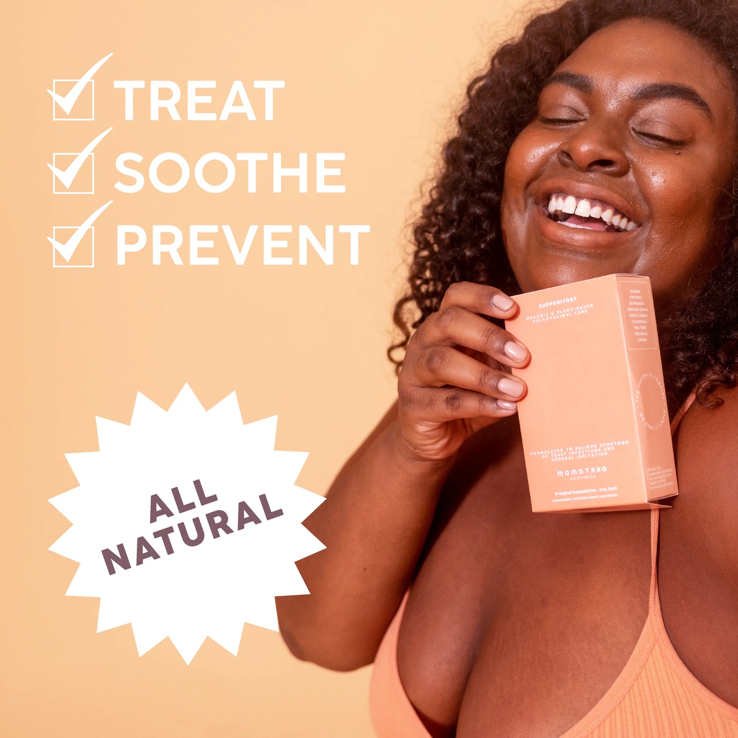 All natural suppository. Woman smiling holding the box